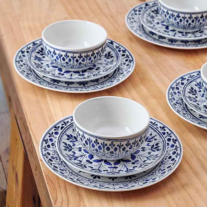 Pfaltzgraff Medallion Radiance 12 Piece Stoneware Dinnerware Plate Bowl Dish Set, Service for 4, Blue