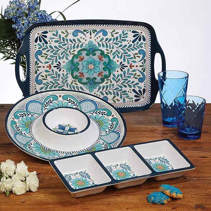 Talavera 3-Piece Melamine Hostess Serveware Set – Chip & Dip Server, 3-Section Relish Tray, and 19" Rectangular Platter – Colorful Southwest Serving Set for Entertaining & Outdoor Dining