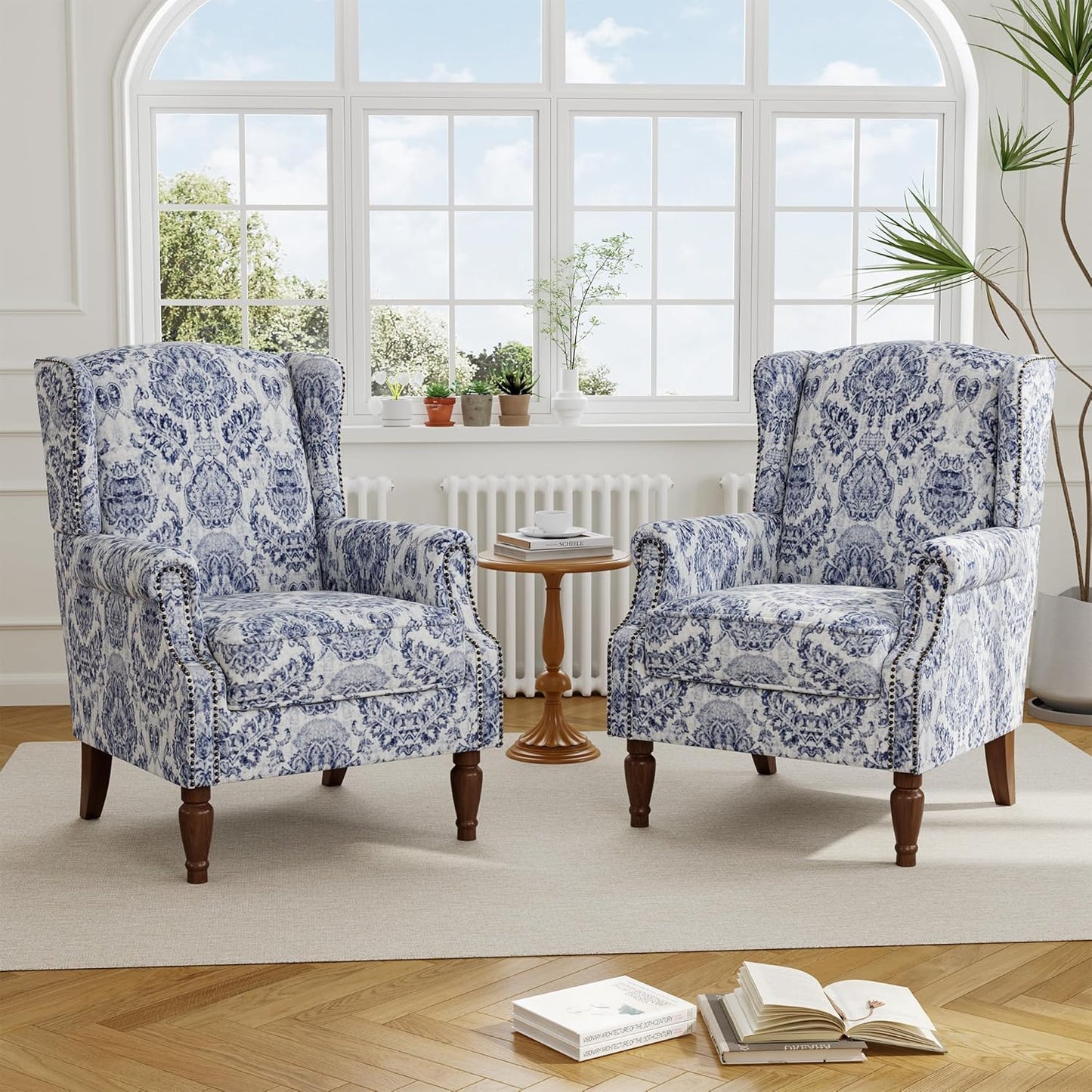 Floral High Back Accent Chair, Upholstered Armchair with Solid Wood Legs, Comfy Wingback Reading Single Sofa Chair for Small Spaces, Living Room, Bedroom(Floral Navy Blue, Set of 1)