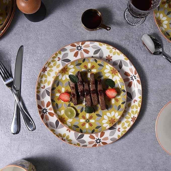 Lorren Home Trends Floral Dinnerware Set, 12 Piece, Bone China, Yellow and Gray Pattern, Microwave and Dishwasher Safe