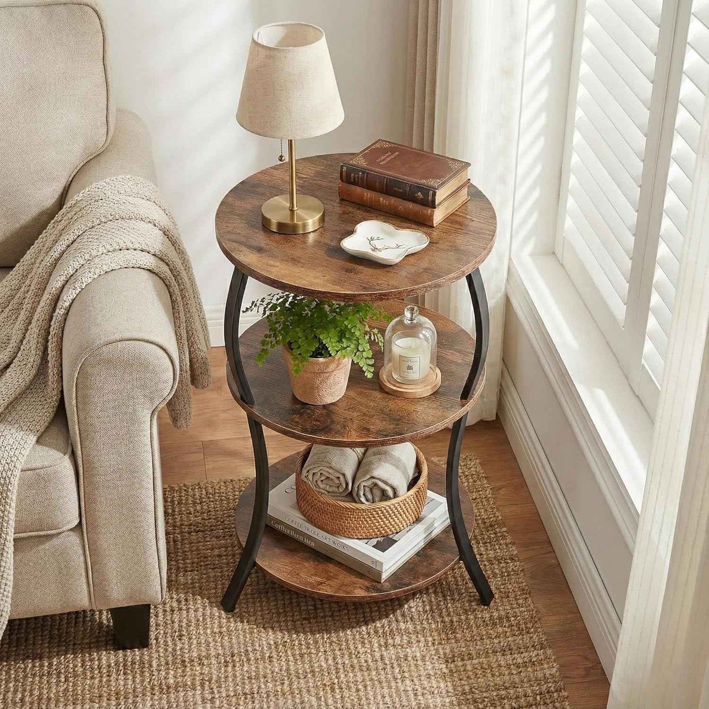 Round Side Table, 3-Tier End Table with Storage Shelf for Narrow and Small Spaces, Round Sofa Table Vintage Corner Tables for Living Room,Bedroom Nightstand/Rustic Brown
