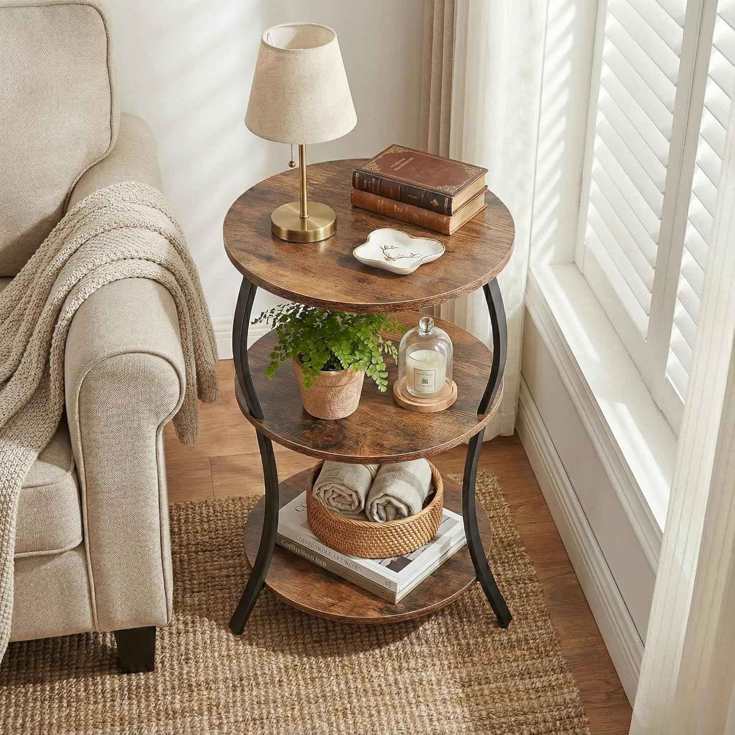 Round Side Table, 3-Tier End Table with Storage Shelf for Narrow and Small Spaces, Round Sofa Table Vintage Corner Tables for Living Room,Bedroom Nightstand/Rustic Brown