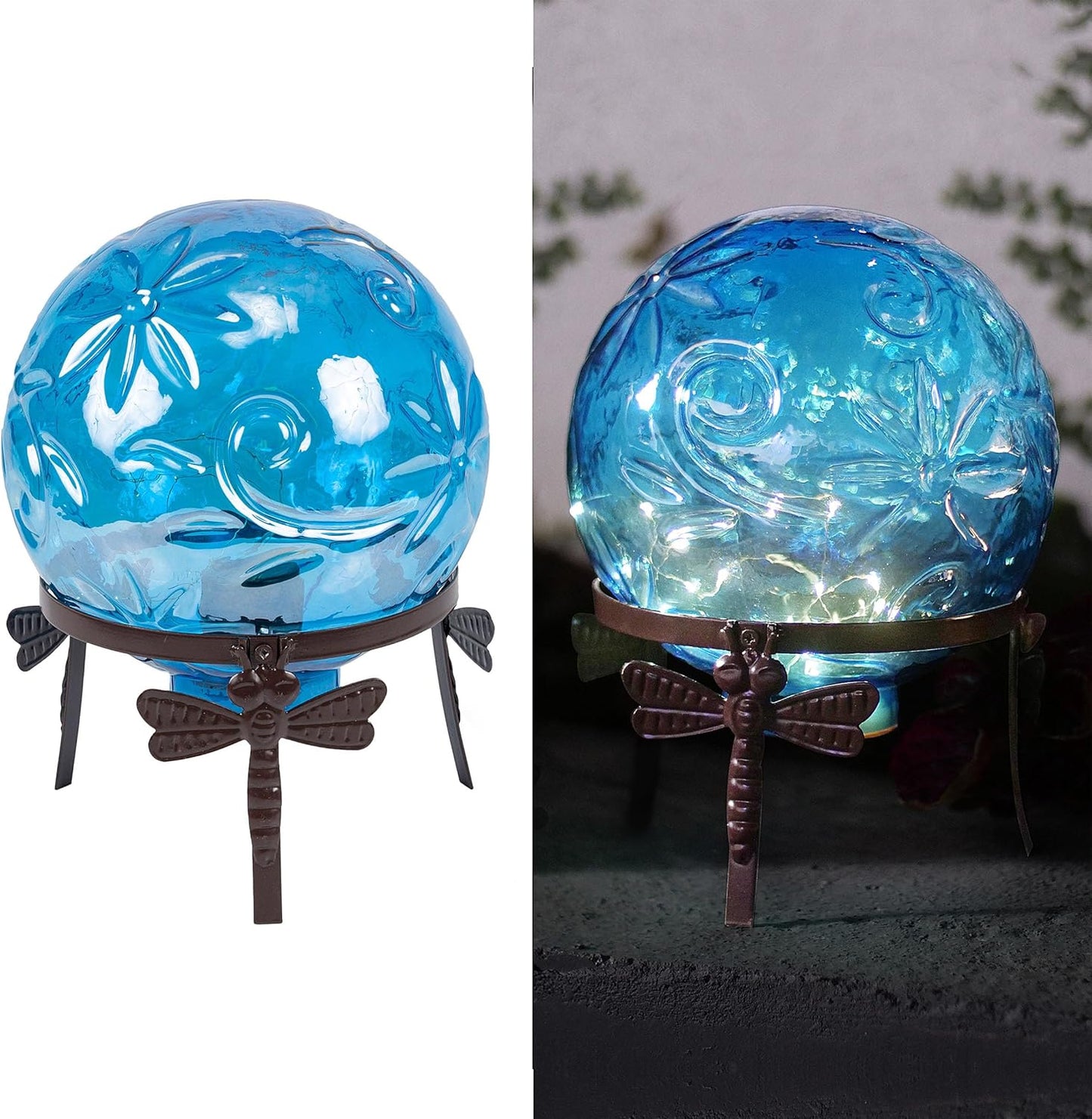 Alpine Corporation 13" Tall Indoor/Outdoor Pearlized Blue Glass LED Gazing Globe with Stand