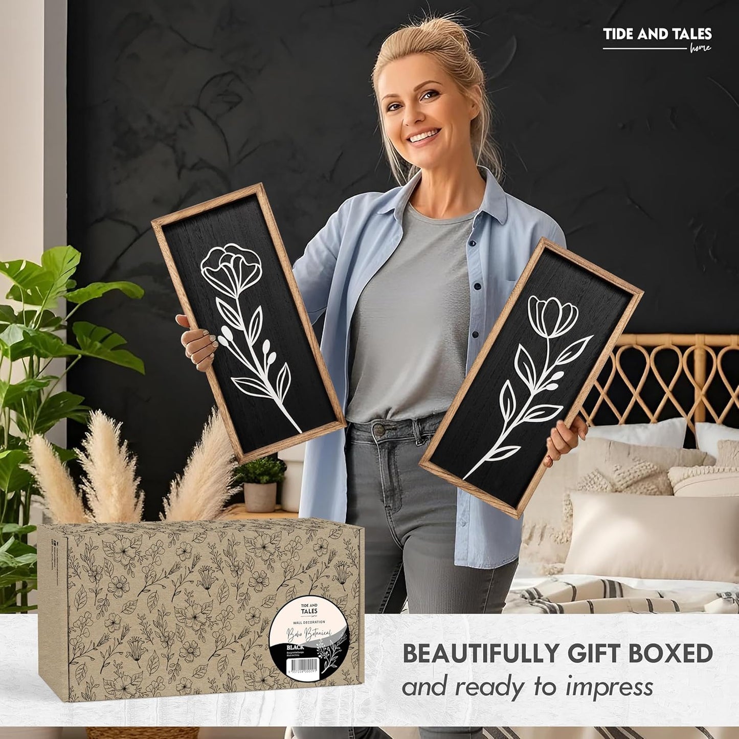 3D Vintage Black Living Room Decor (Set of 2) Lightweight, Wooden Ready-to-Hang Framed Moody Floral Wall Art for Bathroom, Bedroom or Office - Dark Textured Boho Farmhouse Wall Decor - Gift-Boxed