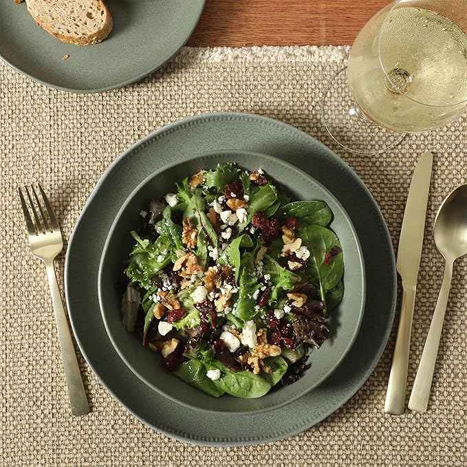 Gibson Elite Menlo Park 16-Piece Pottery Clay Stoneware Dinnerware Set – Green Reactive Glaze, Organic Shape Embossed Plates and Bowls W/Pasta Bowl, Service for 4 – Microwave & Dishwasher Safe