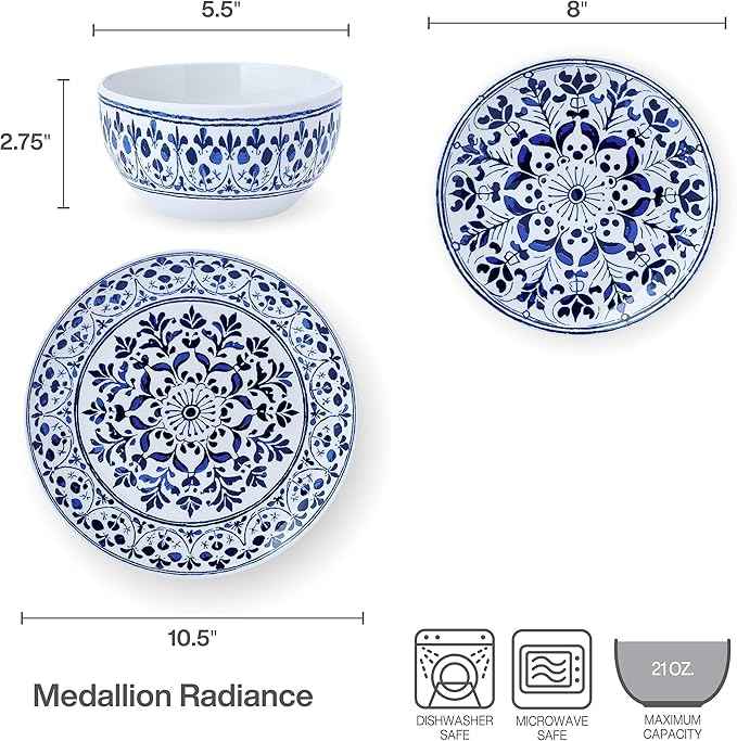 Pfaltzgraff Medallion Radiance 12 Piece Stoneware Dinnerware Plate Bowl Dish Set, Service for 4, Blue