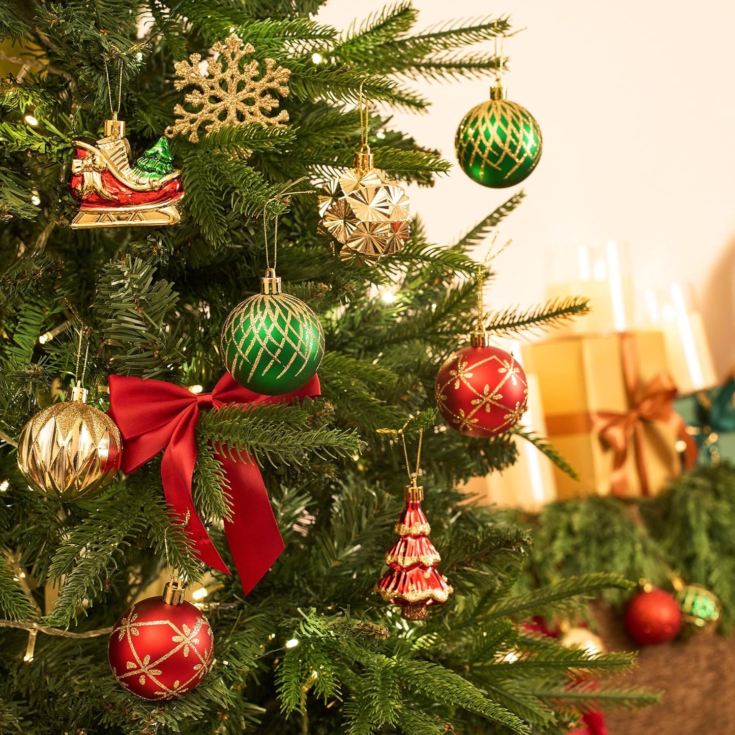 Christmas Ball Ornaments Set for Tree Decorations, 36ct Red Gold Green Classic Shatterproof Plastic Xmas Balls Decor Hanging Ornament Bulk for Holiday Wedding Birthday Party