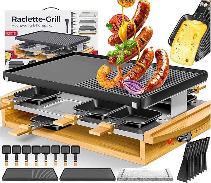 KESSER Raclette Grill with Natural Stone, Table Grill Plate for 8 People, Electric Raclette Grill with Non-Stick Plate, 8 Pots and Wooden Spatula 1200W