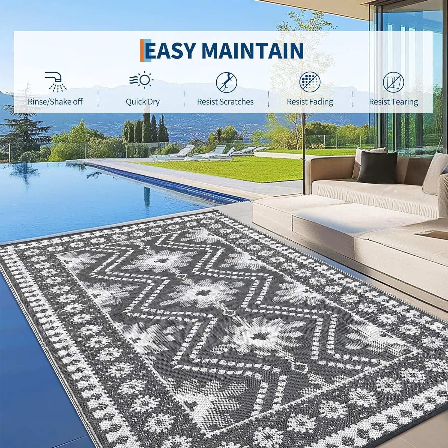 8x10 Gray Outdoor Rug, Waterproof Plastic Straw Reversible Ethnic Geometric Patio Mat, Symmetrical Tribal Pattern Washable RV Camping Carpet, Foldable Portable Deck Rug for Picnic Backyard
