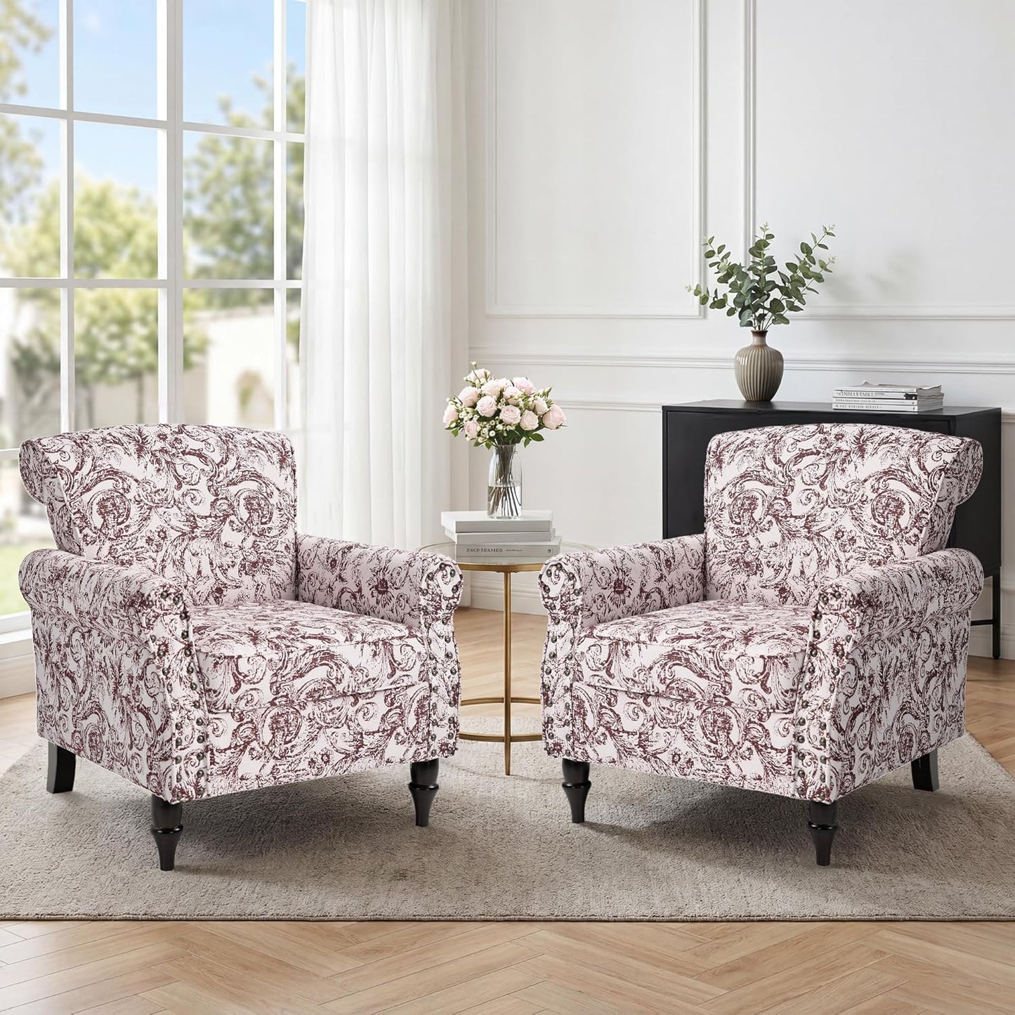 Accent Chair, Upholstered High Back Floral Armchair with Nailhead Trim & Wood Legs, Comfy Wingback Reading Single Sofa Chair for Small Spaces, Living Room, Bedroom (Rococo Black, Set of 1)