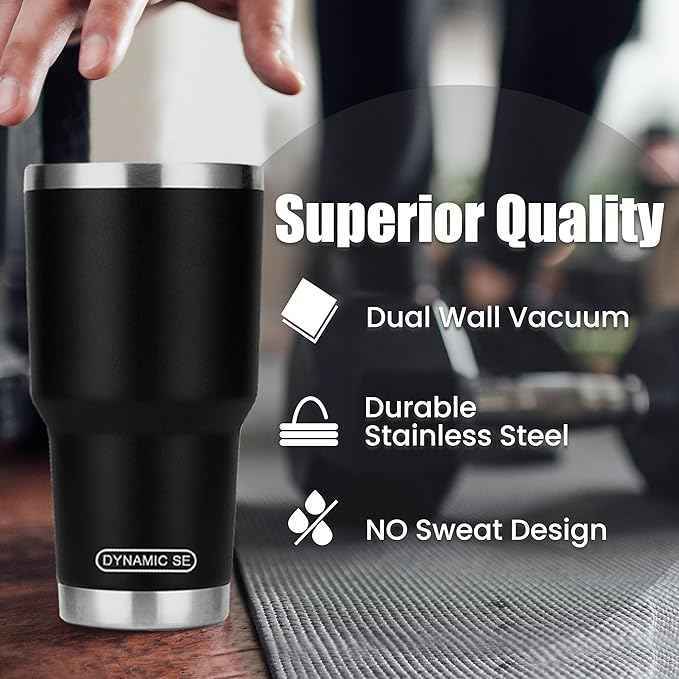 D·S 30 oz Black Tumbler Stainless Steel Double Wall Vacuum Insulated Mug with Straw and Lid, Cleaning Brush for Cold and Hot Beverages