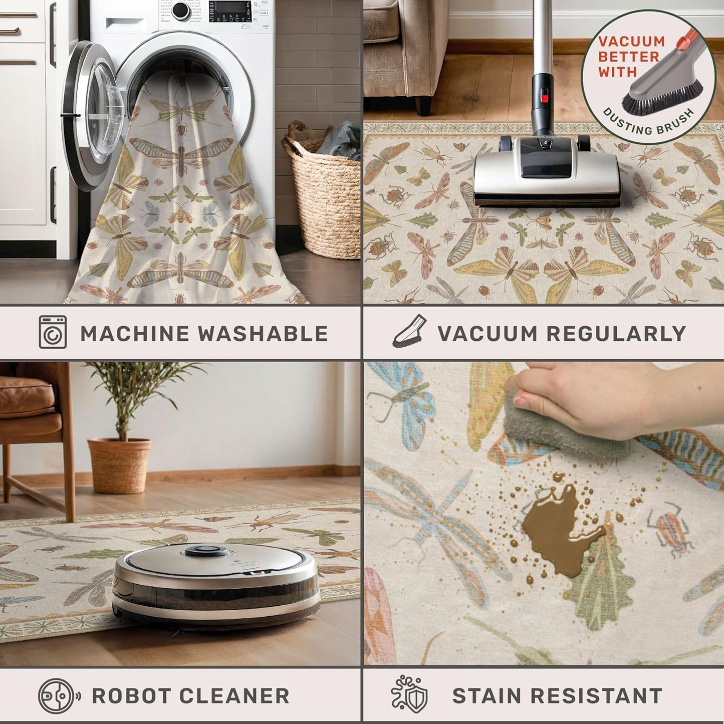 8x10 Fun Rugs For Bedroom - Maximalist Rug for Living Room, Playroom, Dining Room Under Kitchen Table, Washable Soft Stain Resistant Low Pile, Butterfly Insect Floral Cottage Decor, Beige & Yellow