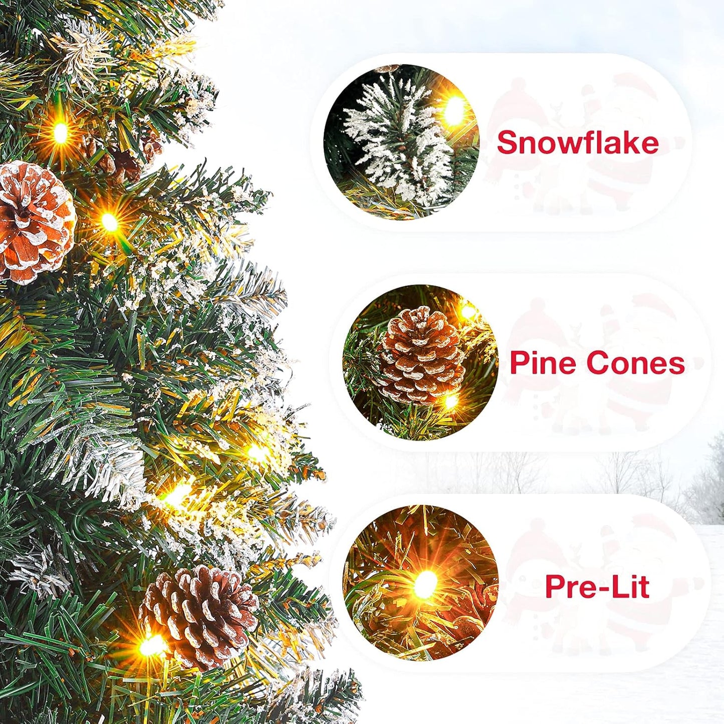 Homde Pencil Christmas Tree 6 Foot Pre-Lit Artificial Christmas Tree with Flocked Snow Pine Cone 160 Warm White Lights Holiday Decor