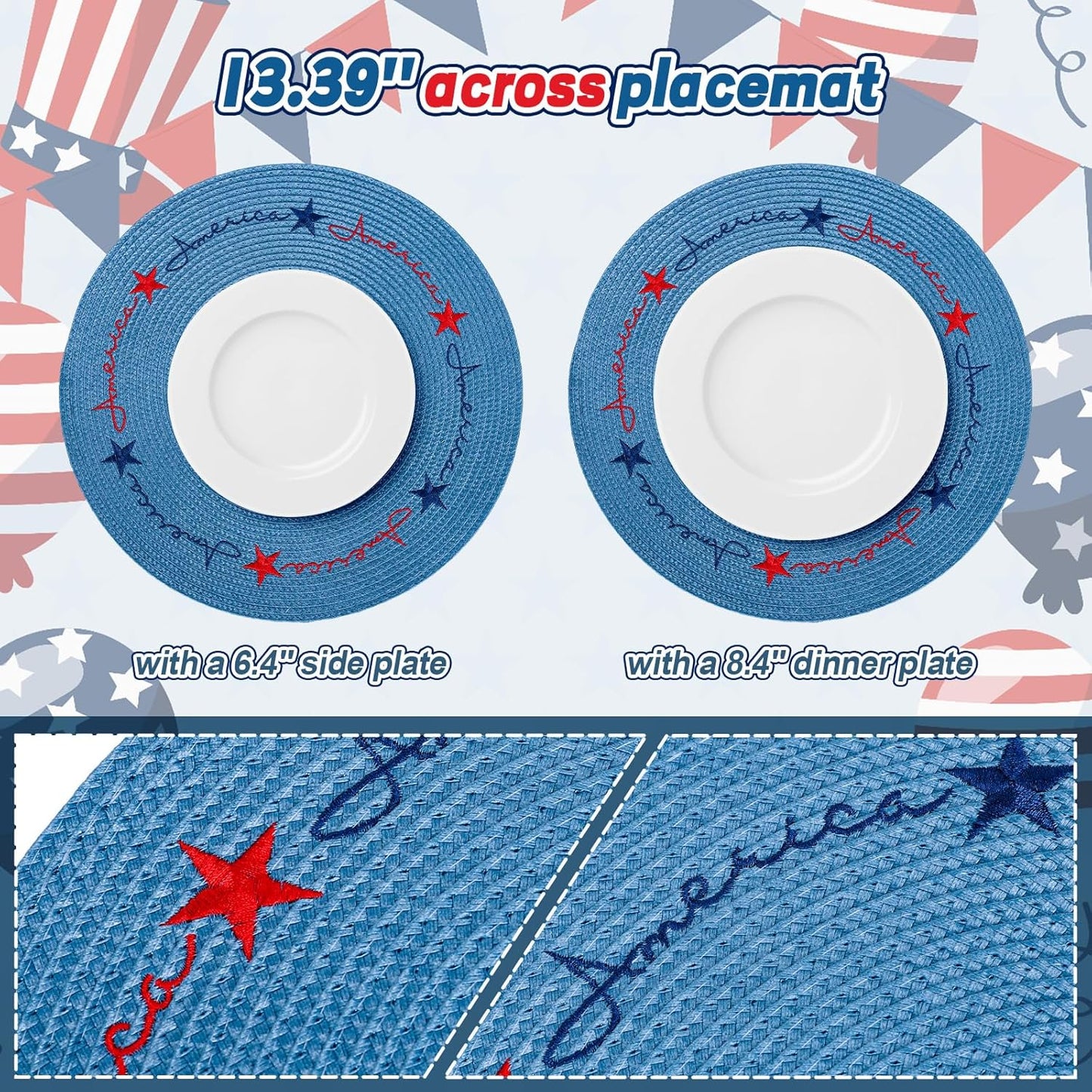 Whaline 4Pcs Round Independence Day Placemats Patriotic Stars Embroidered Place Mats 4th of July Dinner Table Mats for Home Holiday Birthday Party Decor