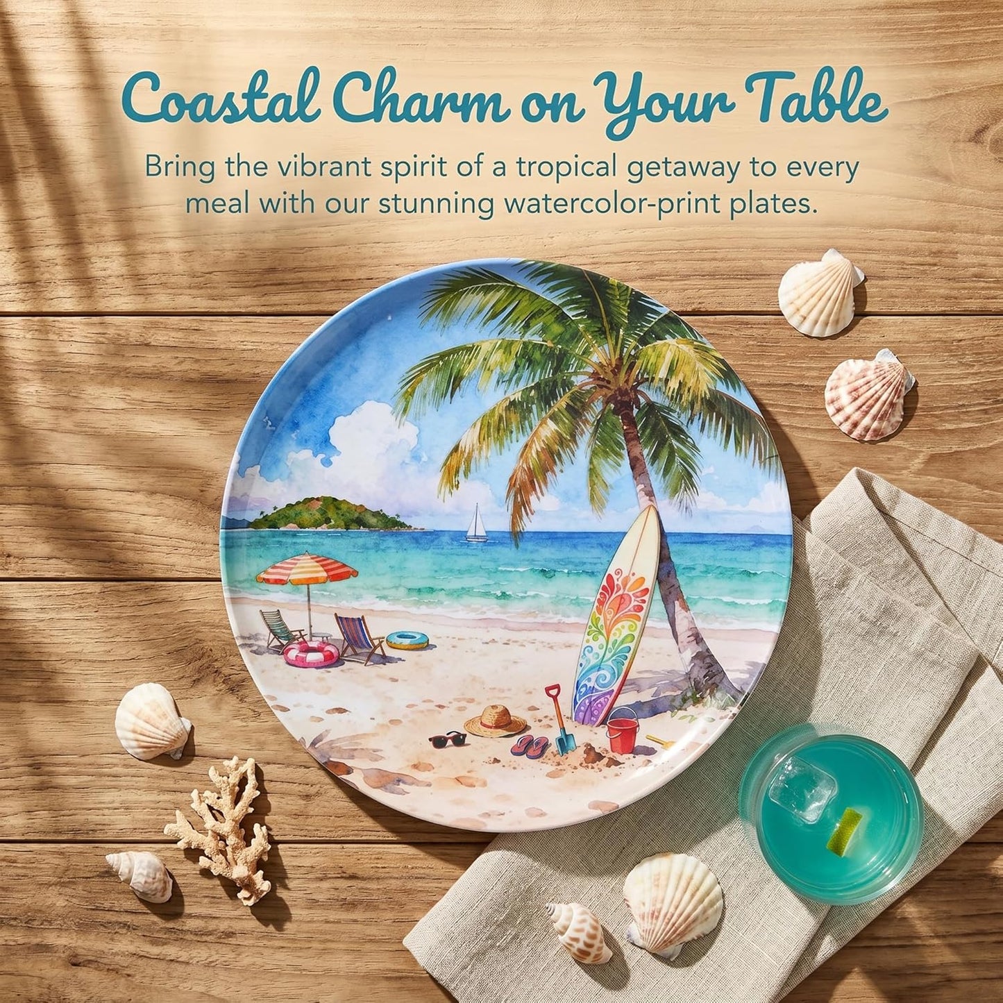 10.5 Inch Melamine Plates Set of 12 – Lightweight & Unbreakable Dinner Plates, Chip Resistant & Dishwasher Safe, Summer Beach Design for Indoor and Outdoor Use