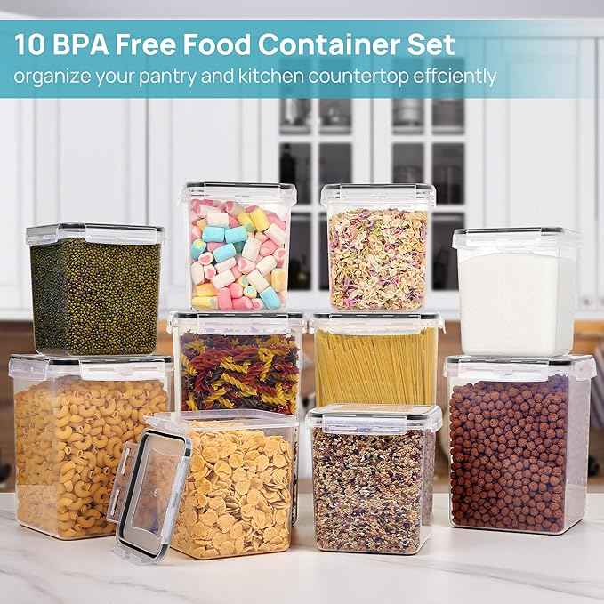 Vtopmart 10 PCS Flour and Sugar Storage Container, Large Airtight Food Canisters with Lids for Kitchen, Pantry Organization, BPA Free, Black