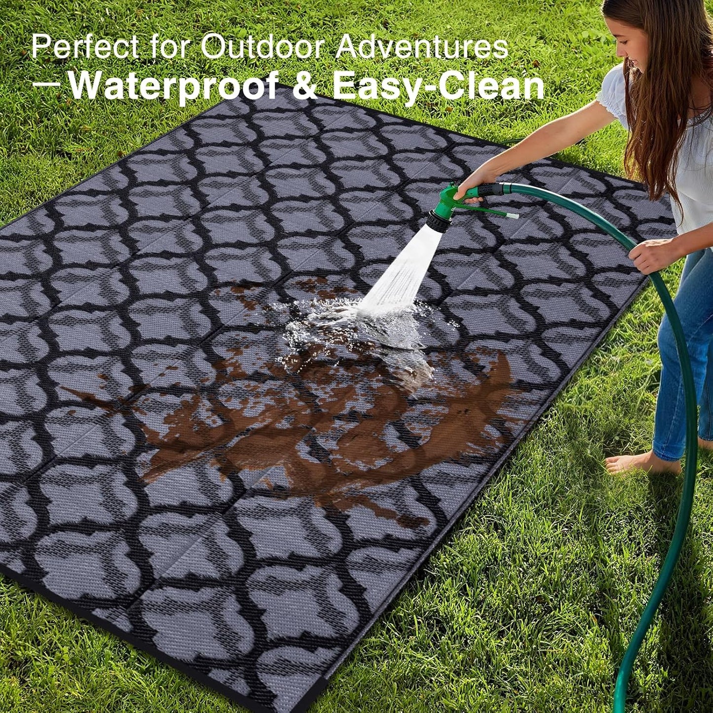OLANLY Reversible Outdoor Rug 9x12 ft Clearance, Waterproof Outdoor Plastic Straw Rug with Interlacing Pattern, RV Mat for Patio, Camping, Balcony, Deck, Backyard, Black & Grey