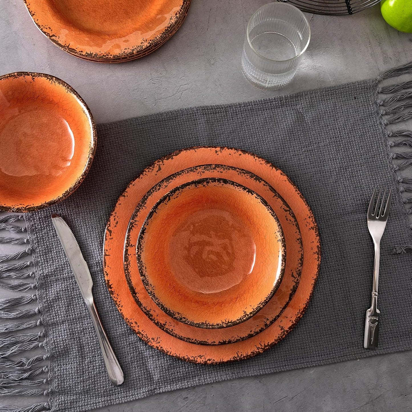 LEHAHA 12 Piece Crackle Lightweight Melamine Dinnerware Set-Service for 4, break-resistant and Durable Rustic Plates and Bowls Dishware Sets Perfect for Patio and Outdoor Activities