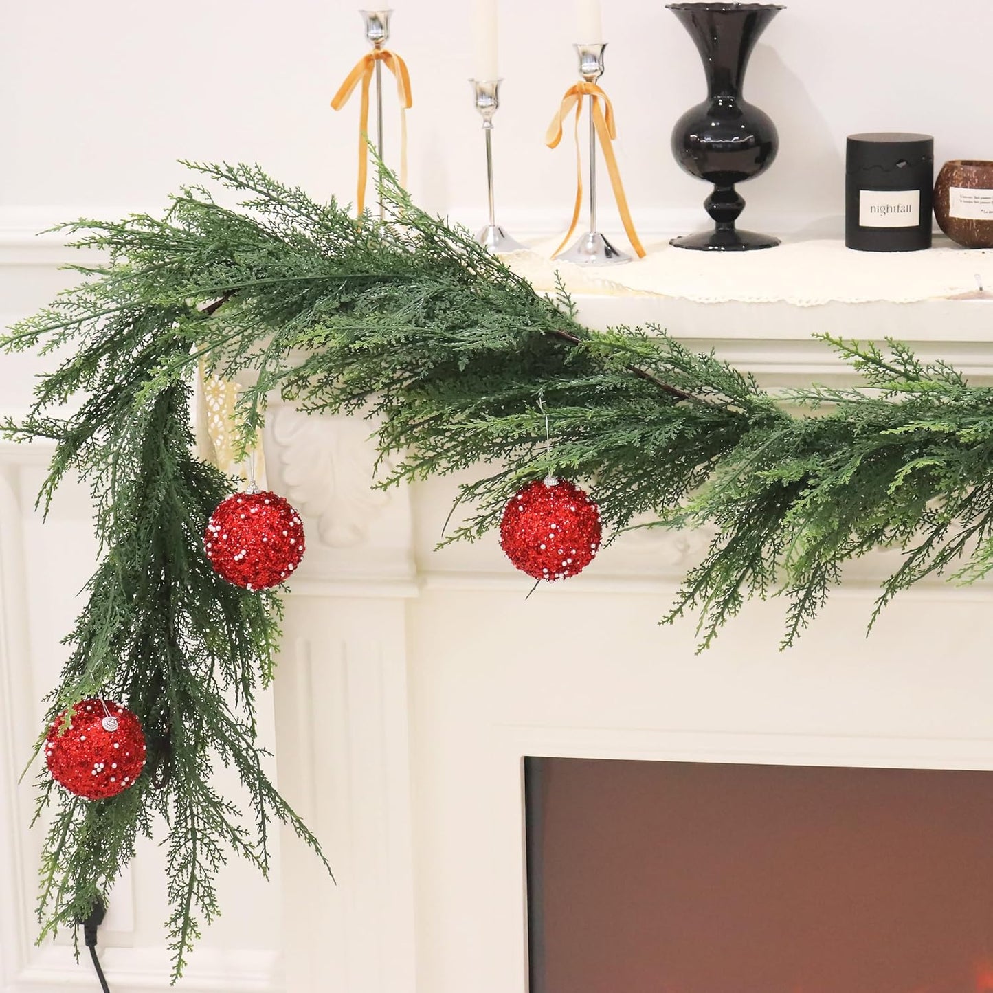 9FT Christmas Cedar Garland Full Real Touch Artificial Green Faux Cypress Realistic Pine Garland for Mantle Fireplace Table Home Decoraiton