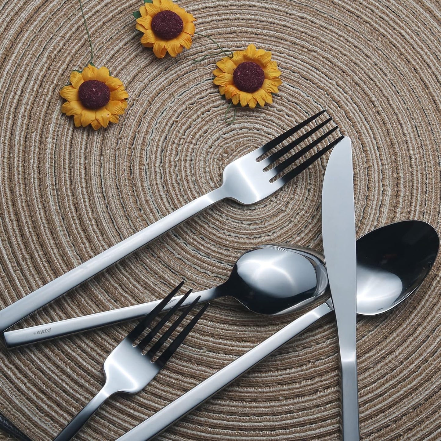 Alata Cube 40-Piece Forged Stainless Steel Flatware Set Cutlery Set, Silverware Set Service for 8, Mirror Finish, Dishwasher Safe