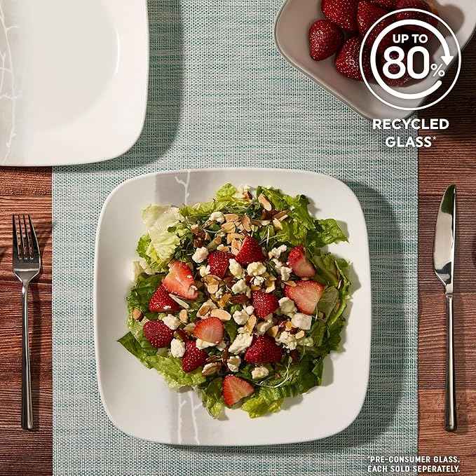 Corelle Vitrelle 18 Piece Glass Dinnerware Sets Rectangular Square Plate and Bowl Set Service for 6, Triple Layer Chip & Crack Resistant Glass Plate and Bowl Sets, Wandering Grove