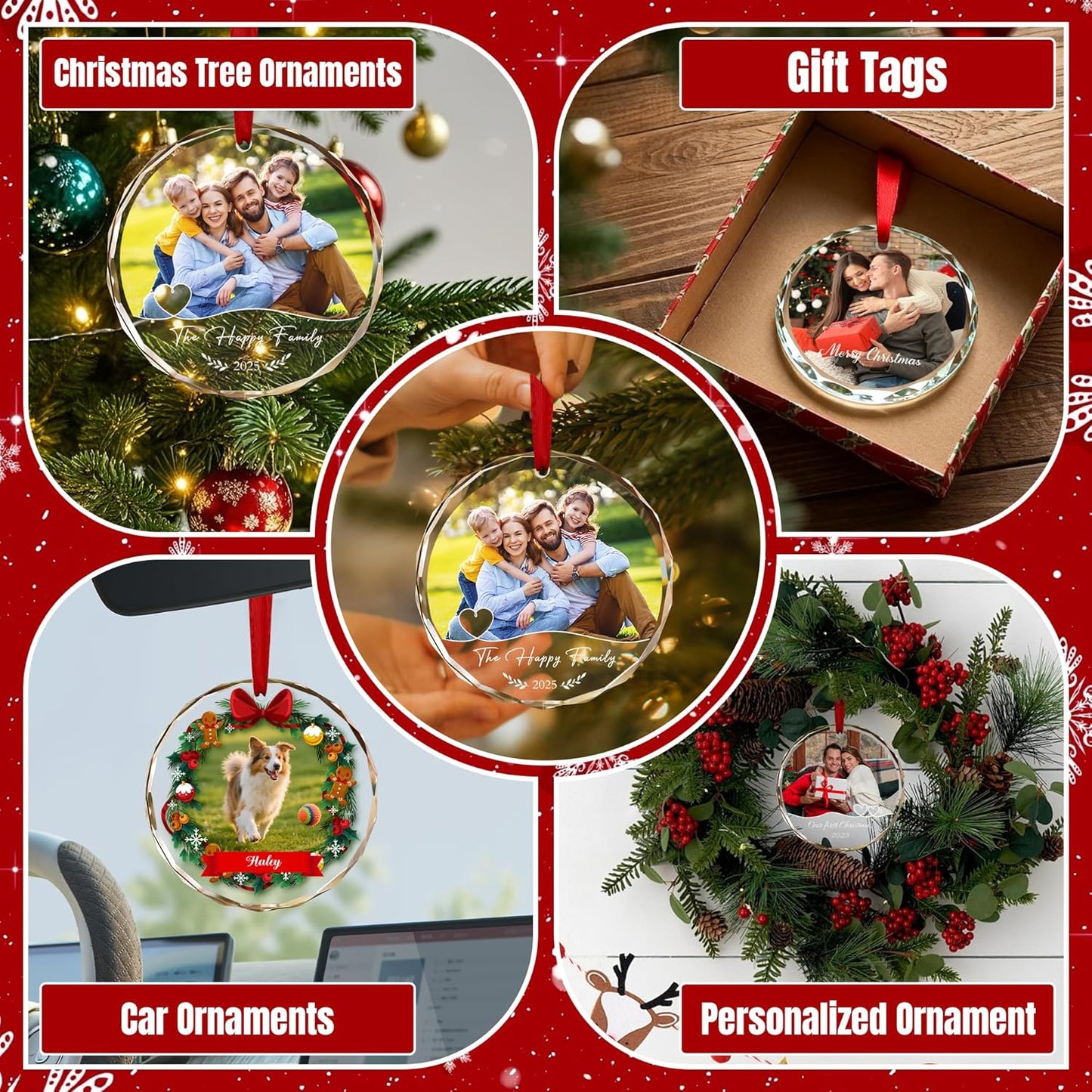 Personalized Family Christmas Ornaments 2025, Custom Crystal Ornament with Photo Text, Customized Picture Ornaments for Christmas Tree Xmas Keepsake Gifts for Family Dad Mom Couple Him Her