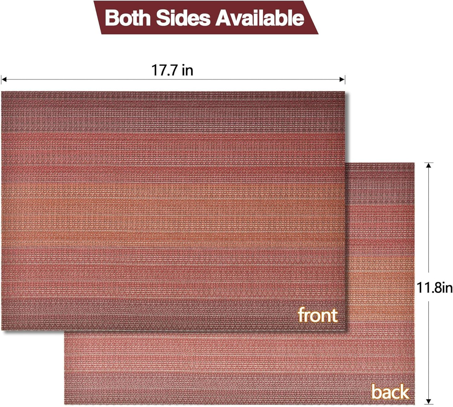 Placemats Set of 8 - Easy Clean Washable Vinyl Placemats - Wipeable Heat Resistant Table Mats for Dining Table - 17.7x11.8 Inch (8, Red Gradient)