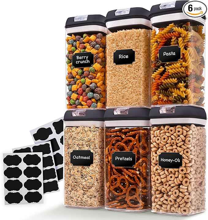 Cheer Collection Airtight Food Storage Containers, Kitchen Storage Containers for Pantry, Set of 6 Food Containers with Lids Airtight, Pantry Storage Containers & Organizers with Lids, 12L, Black