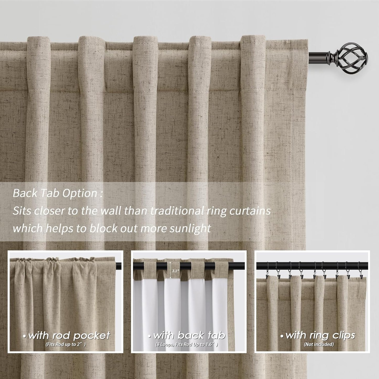 BOODII 100 Inch Blackout Curtains 2 Panels Set Back Tab Thermal Insulated Khaki Linen Textured Black Out Curtains Noise Reducing Neutral Living Room Darkening Window Drapes Pleated Look 52x100