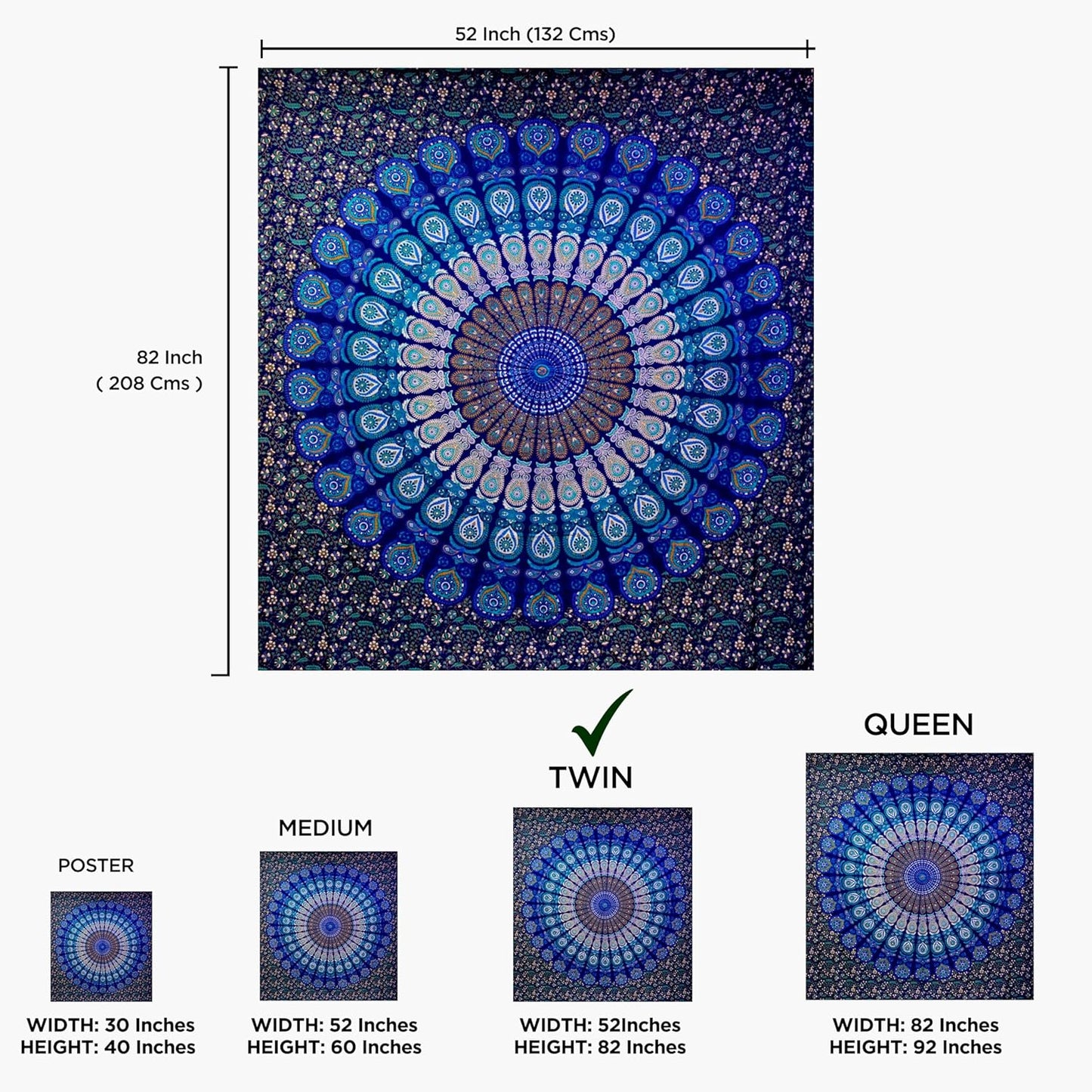 raajsee Turquoise Blue Tapestry- Best Mandala Wall Hanging- Bedding Tapestry For Bedroom Aesthetic-Size TWIN 140 X 210 CMS