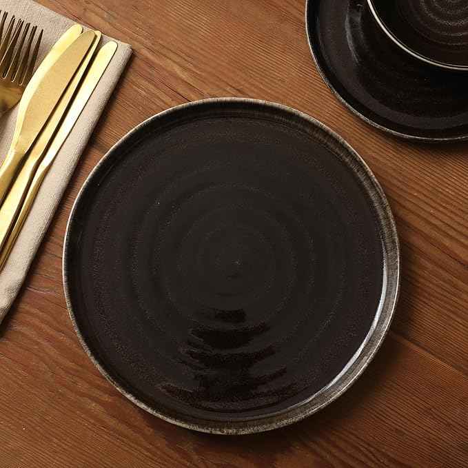 Gibson Elite Eclipse Swirls Plates and Bowls Sets, 12-Piece Stoneware Dinnerware Sets, Reactive Glaze Dish Set - Black