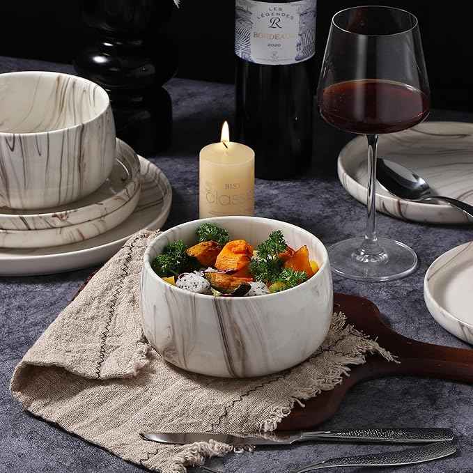 Lorren Home Trends Shiny Marble Pattern Dinnerware Set, 12 Piece Service for 4, Microwave and Dishwasher Safe