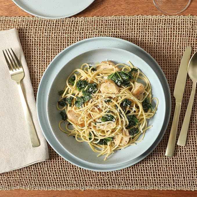 Gibson Elite Overbrook 16-Piece Pottery Clay Stoneware Dinnerware Set – Light Blue Reactive Glaze, Stackable Plates and Bowls w/Pasta Bowl, Service for 4 – Microwave & Dishwasher Safe