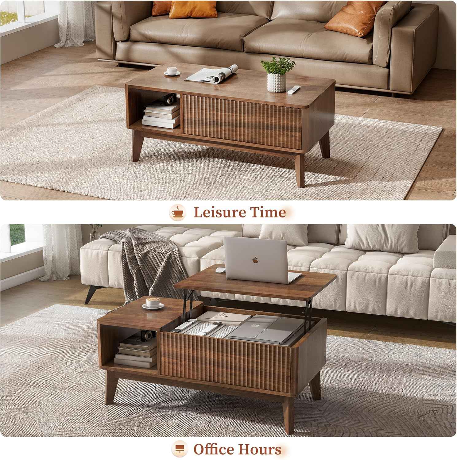 LYNCOHOME Fluted Lift Top Coffee Table with Storage, Modern Coffee Table for Living Room, Home Office（Walnut）