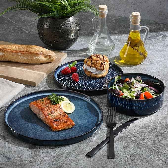 Gibson Elite 12 Piece Matisse Moderna Stoneware Reactive Glaze Plates and Bowls Dishes Dinnerware Set - Cobalt Blue