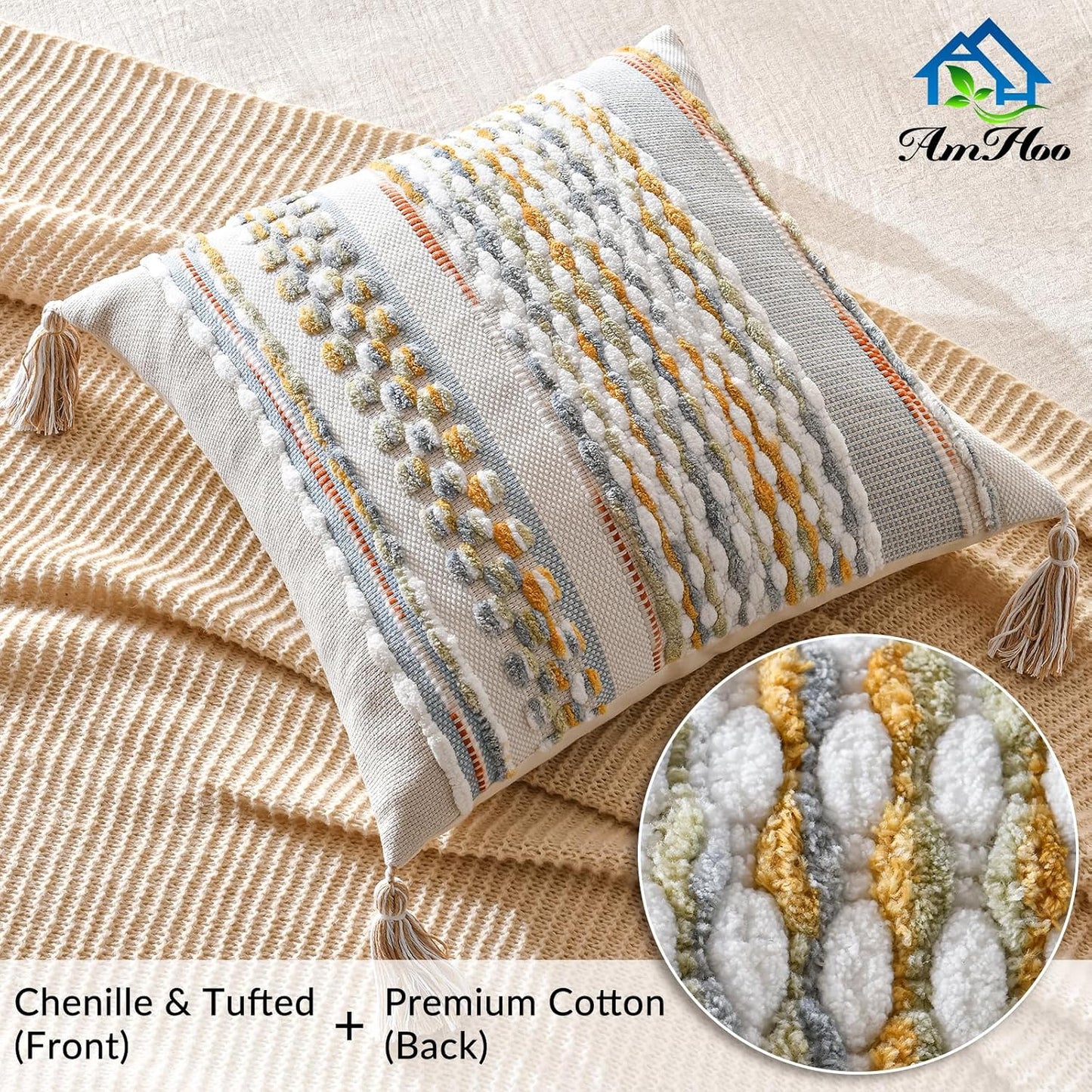 AmHoo Chenille Striped Textured Boho Throw Pillow Covers Aesthetic with Tassels Woven Decorative Pillow Case for Couch Bed Sofa Bedroom Modern Funky 18 x 18-Inch Grey