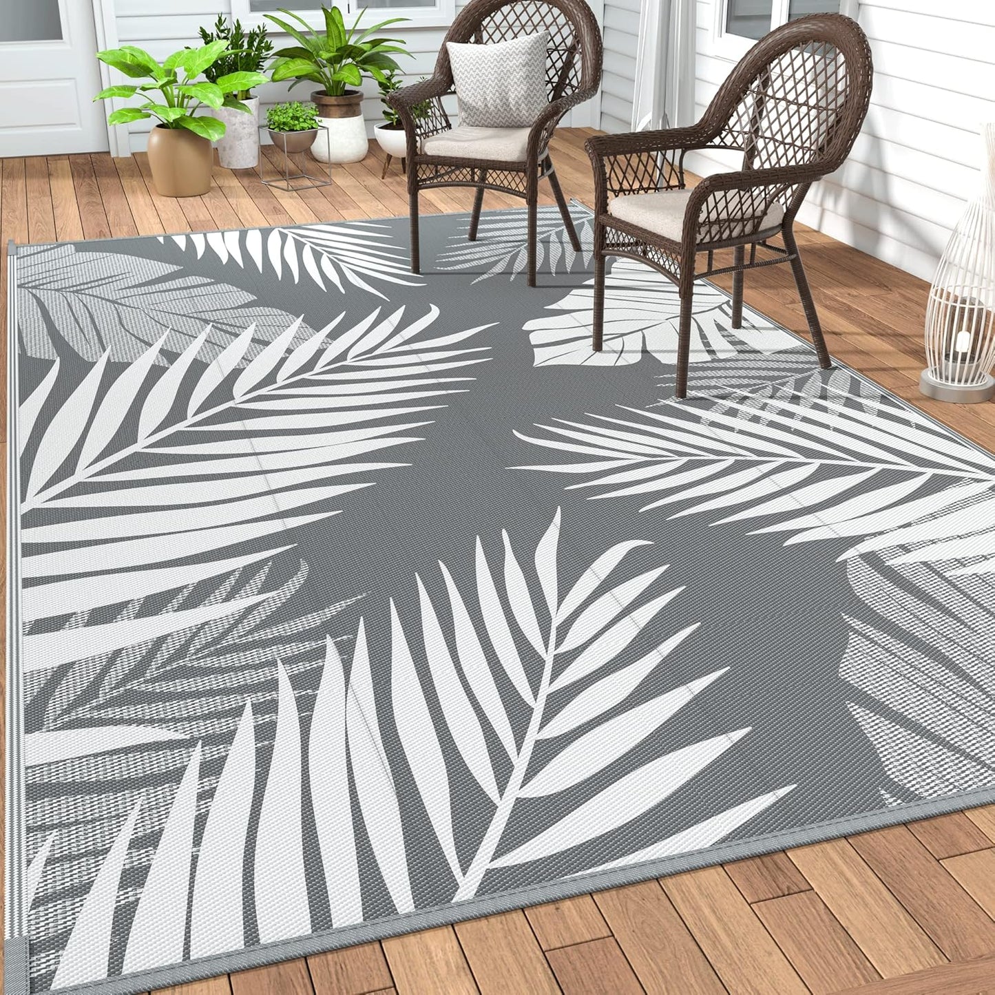GENIMO Outdoor Rug 8' x 16' Waterproof for Patios Clearance, Reversible Outdoor Plastic Straw Camping Rug Carpet, Large Area Rugs Mats for RV, Camper, Deck, Balcony, Porch, Beach, Picnic, Grey&White
