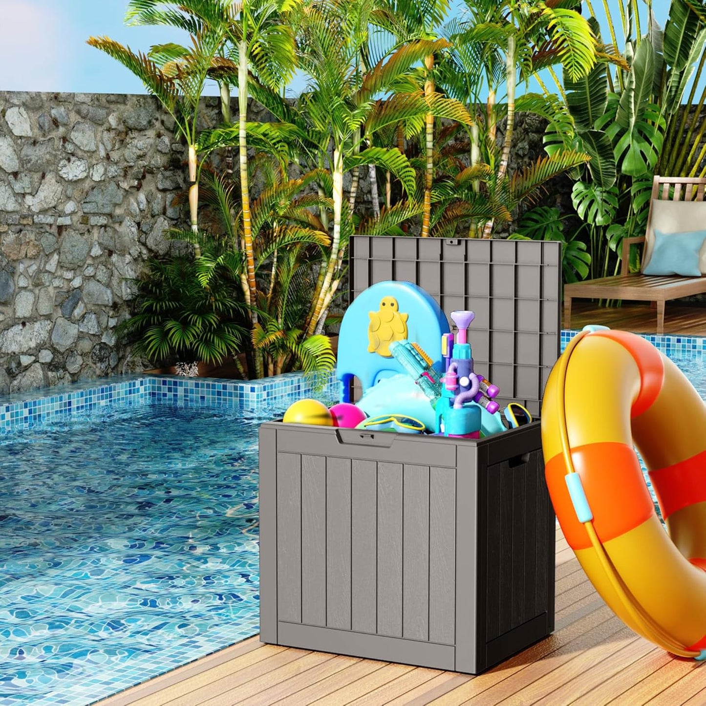 31 Gallon Resin Deck Box, Lockable Patio Outdoor Storage Box for Furniture, Garden Tools and Tools Storage, Waterproof Outside Storage Boxes - Grey