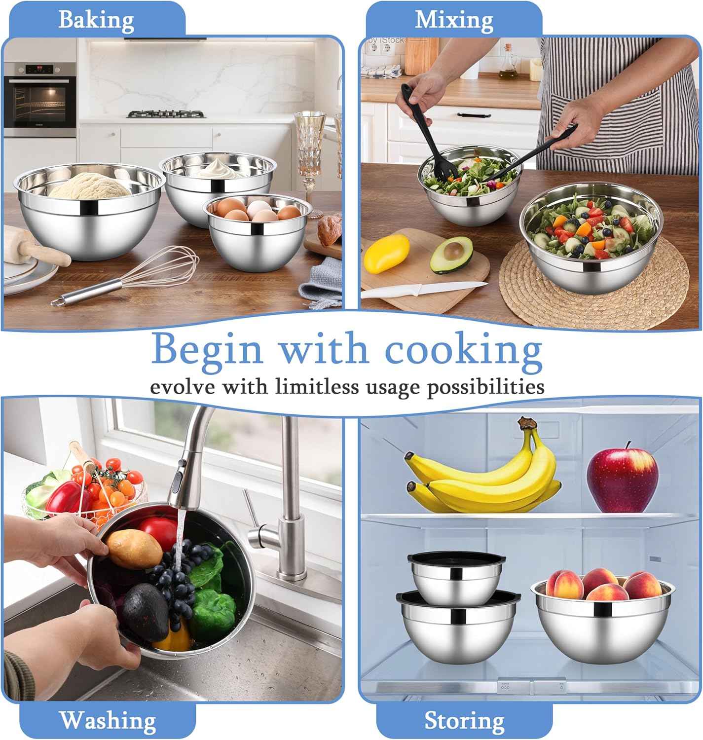 LIANYU Mixing Bowls with Lids Set of 3, Large & Small Stainless Steel Nesting Metal Bowls for Kitchen Storage, Dishwasher Safe, Size 1.5QT & 3QT & 4.6QT, Black