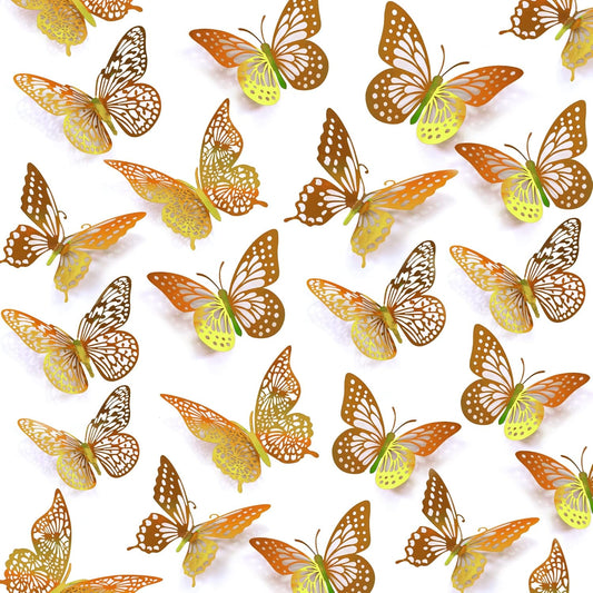 SAOROPEB 3D Butterfly Wall Decor - 48 Pcs, 4 Styles, 3 Sizes - Removable Gold Decorations for Birthday & Party Celebrations