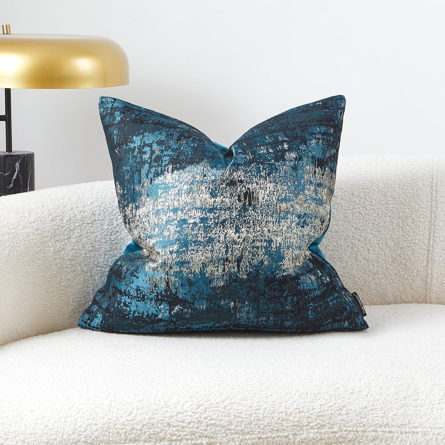 THE-TINOART Teal & Gold Embroidered Jacquard Pillow Cover 18x18 - Luxury Reversible Decorative Throw Pillow Cover with Gold Thread & Velvet Backing, Elegant Holiday Home Décor