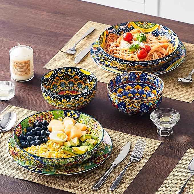 vancasso Pasta Bowls, 42 oz Ceramic Salad Bowls of 4,Large Corlorful Serving Bowls for Kitchen, Dishwasher & Microwave Safe Soup Bowls, Pasta Plates