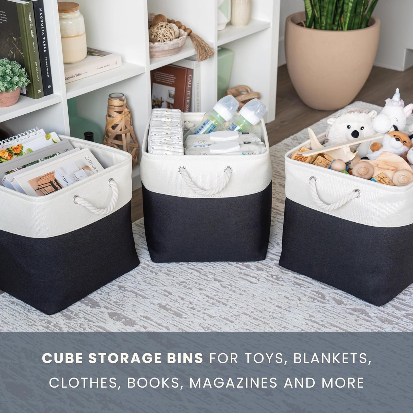 OrganiHaus 13x13 Cube Storage Bins 4 Pack, Foldable Cube Storage Organizer w/ Rope Handles, Collapsible Fabric Bins for Toys, Clothes & Closet Organization, Fabric Square Baskets - Black/White