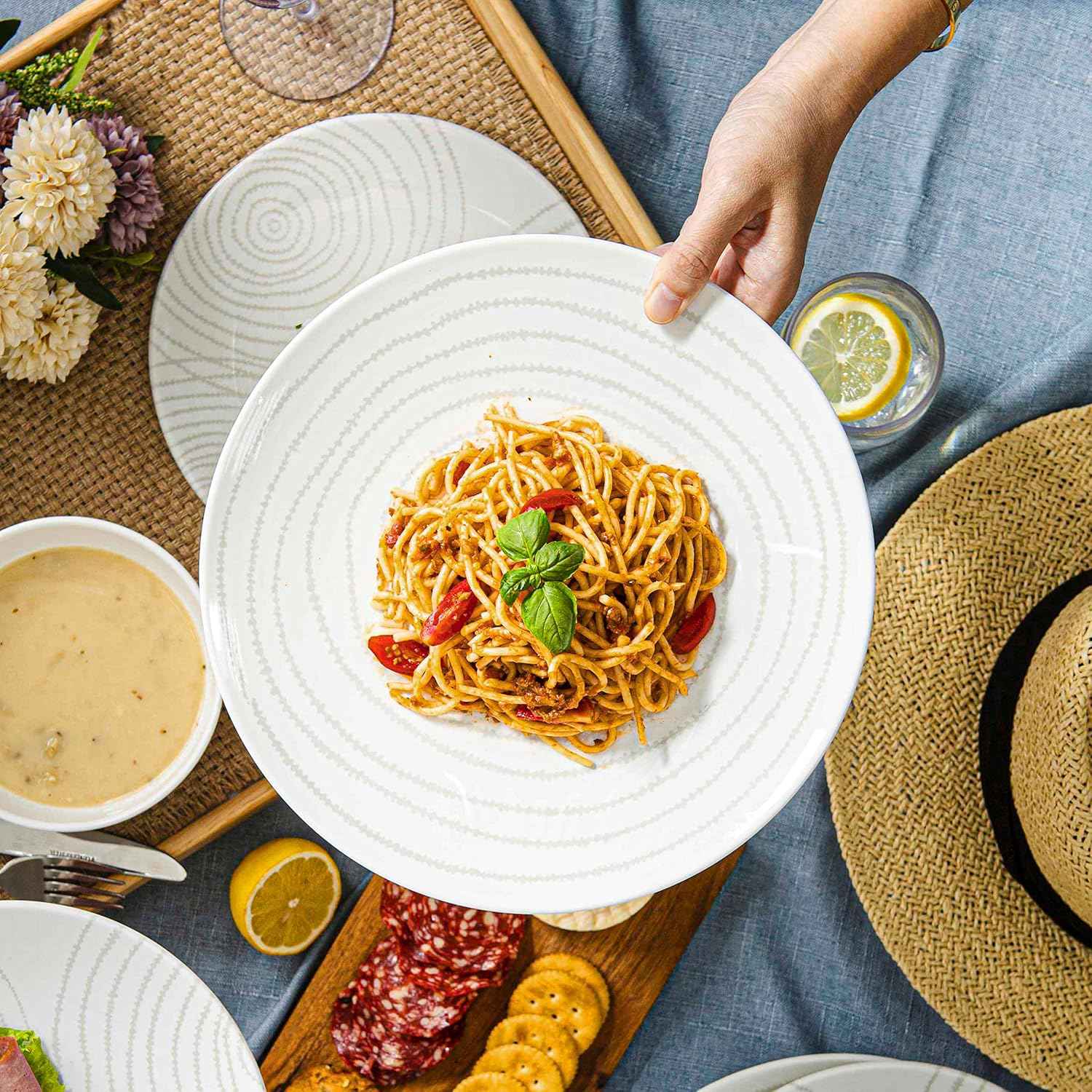 BZYOO BPA-Free Dishwasher Safe 100% Melamine Plastic Plate & Bowl Set Casual dining Indoor and Outdoor Dining Party (12 PCS Dinnerware set, Service for 4, white planet)