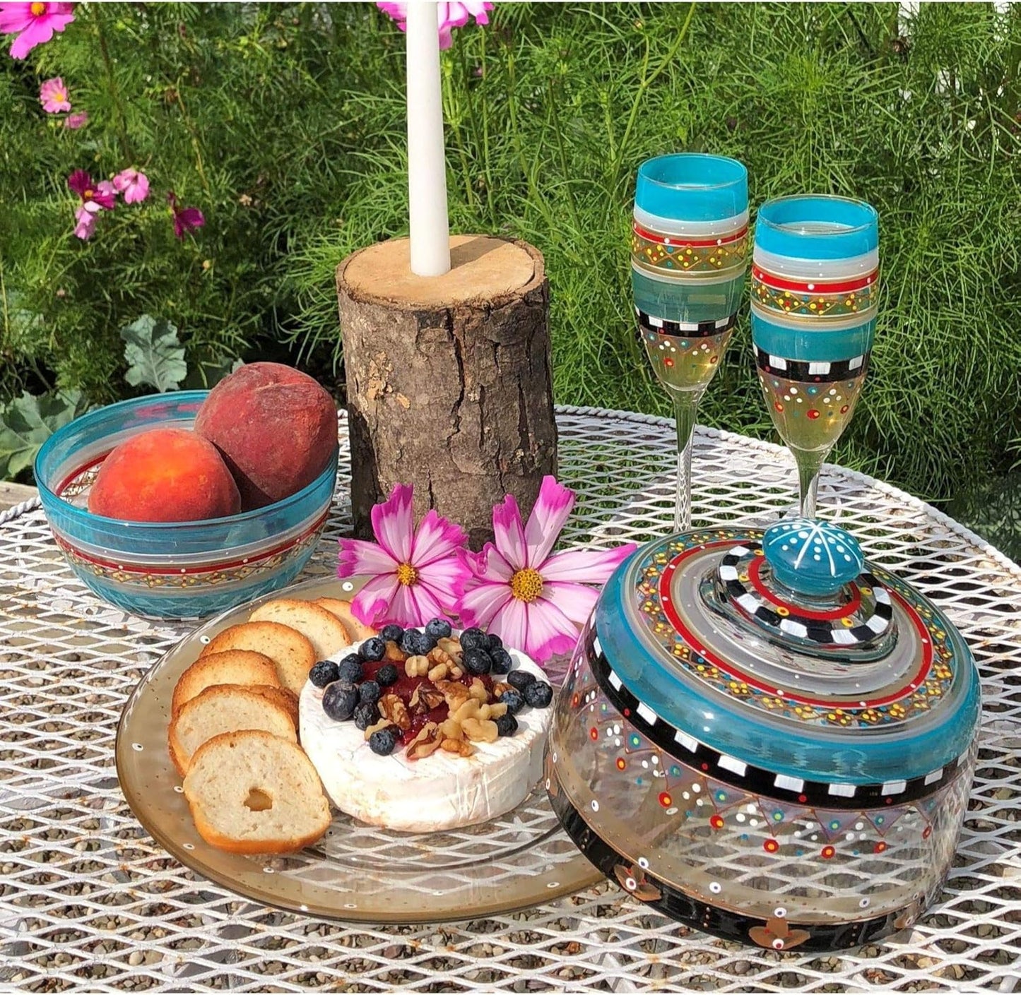 Set of 2 Mosaic Carnival Confetti Hand Painted Glass Serving Bowls 6"