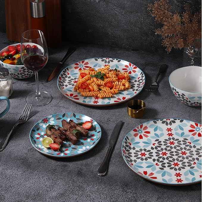 Lorren Home Trends Floral Bone China Dinnerware Set, 12 Piece Service for 4, Blue Red Gray Pattern, Dishwasher Microwave Safe