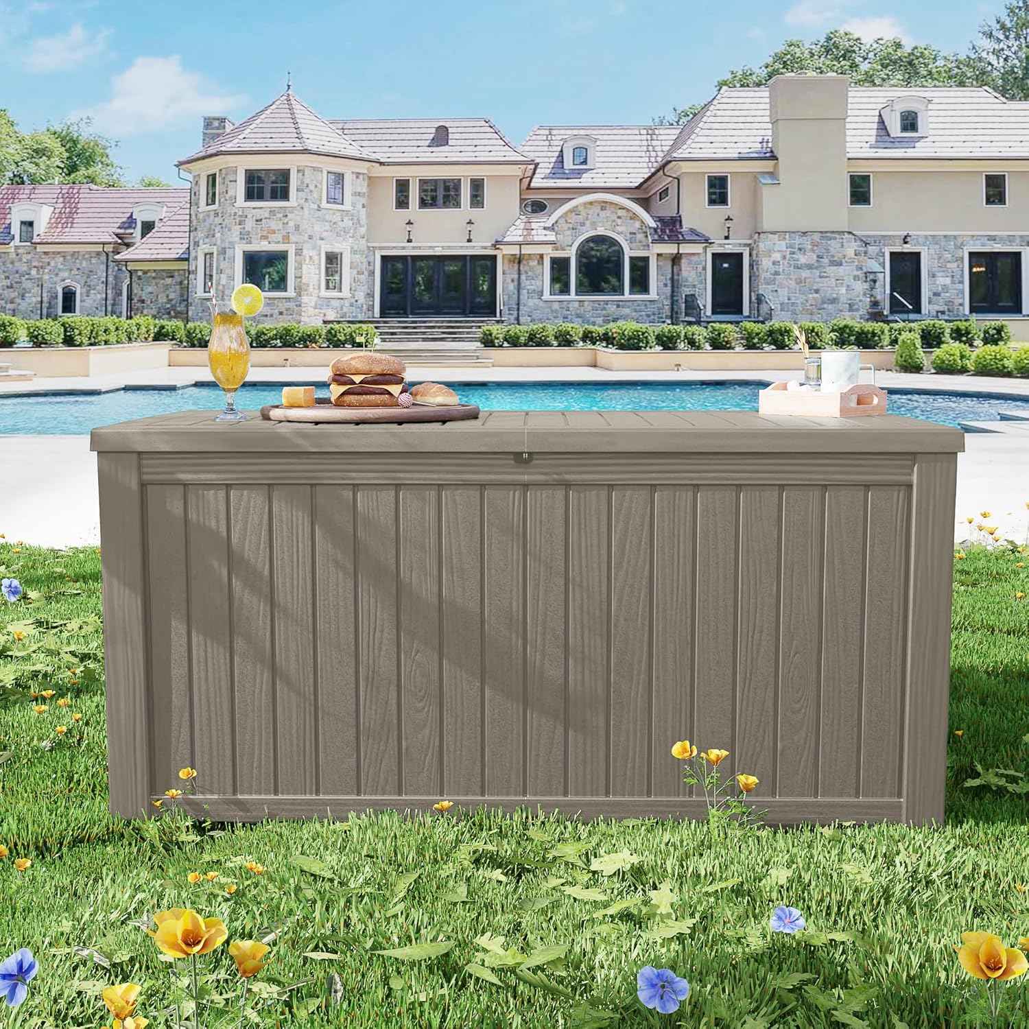 200 Gallon Lockable Resin Outdoor Storage Box, Waterproof & Weather Resistant Deck Box for Patio Cushion, Garden Tools & Pool Accessories, Grey