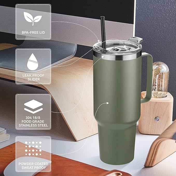 HASLE OUTFITTERS 40 oz Stainless Steel Tumbler with Handle, Vacuum Insulated Tumblers Bulk, Reusable Double Wall Travel Coffee Mug, Durable Powder Coated Water Bottles(Army Green, 8)