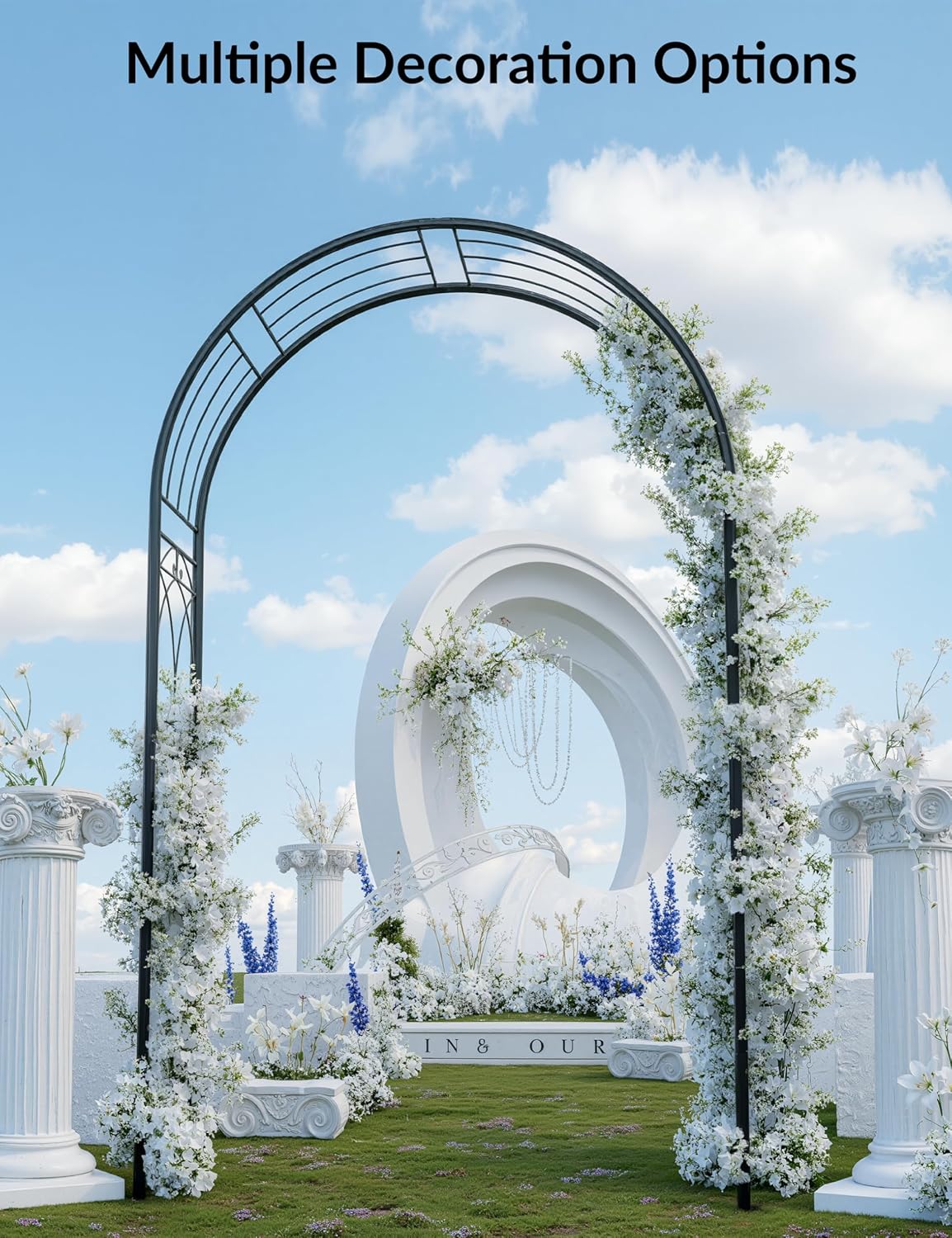 8 FT Metal Garden Arch Trellis Arbor – Wide, Rustproof Outdoor Steel Archway with Ground Stakes – Supports Climbing Plants – Perfect for Weddings, Parties, Lawn & Garden Decor – Black