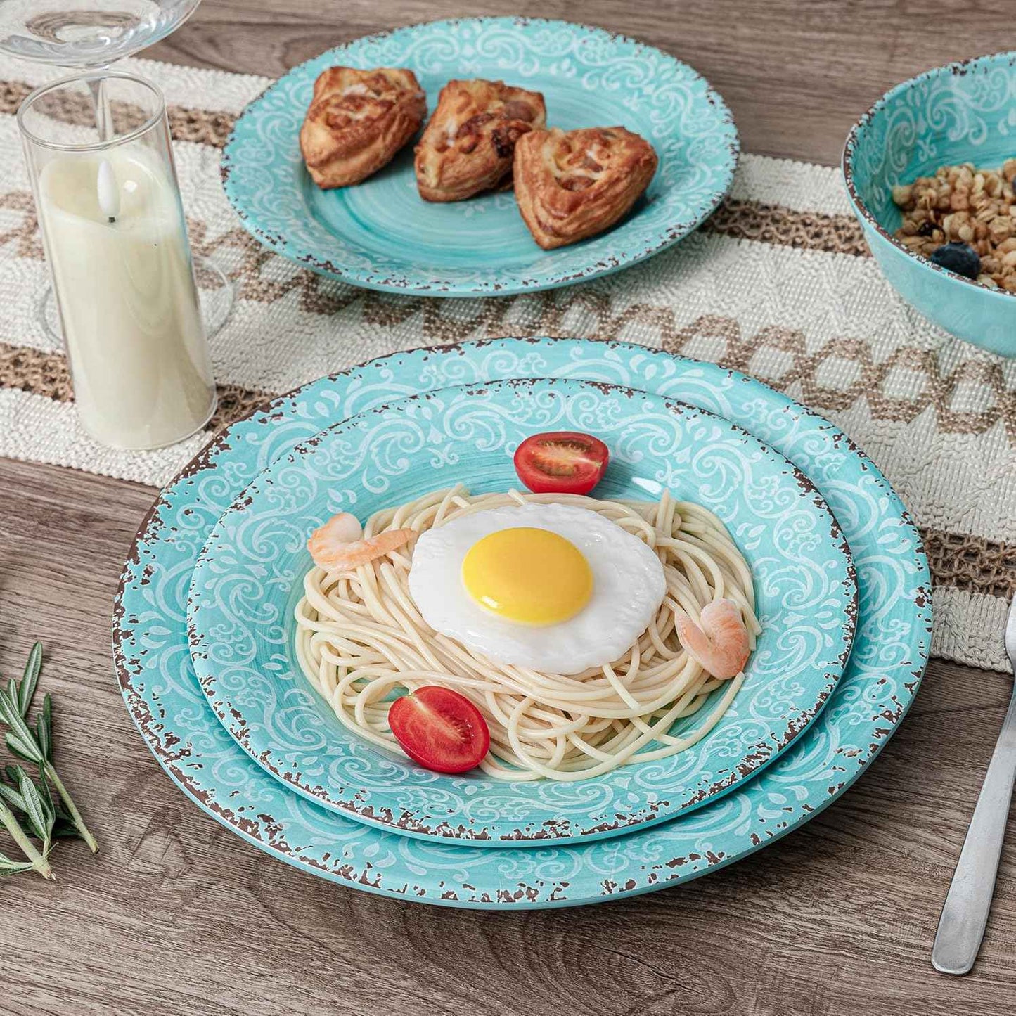 12-Piece Farmhouse Dinnerware Set, set of 4, 100% Melamine Dishes Serving Set with Plates and Bowls, Non-breakable and Lightweight Dinner Set for indoor and outdoor entertaining, Light Teal